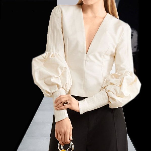 

designer fashion women blouse 2018 spring autumn office lady work deep v neck lantern sleeve shirts party cocktail plus size 3xl 4xl, White