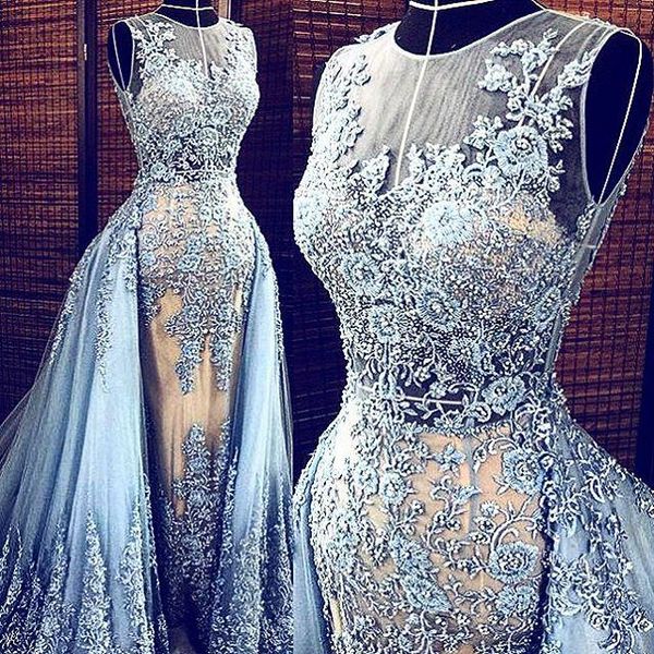 

Zuhair murad evening dre e light ky blue lace over kirt long bridal gown detachable train formal dre e real photo