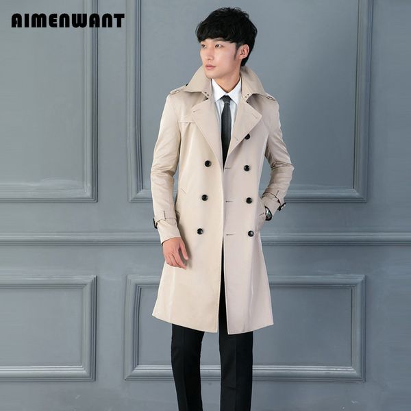 Wholesale- AIMENWANT  Coat Trench for mens New Design Fitted Beige Long Trenchs uk High Quality Customize Size Coats Male Overcoat