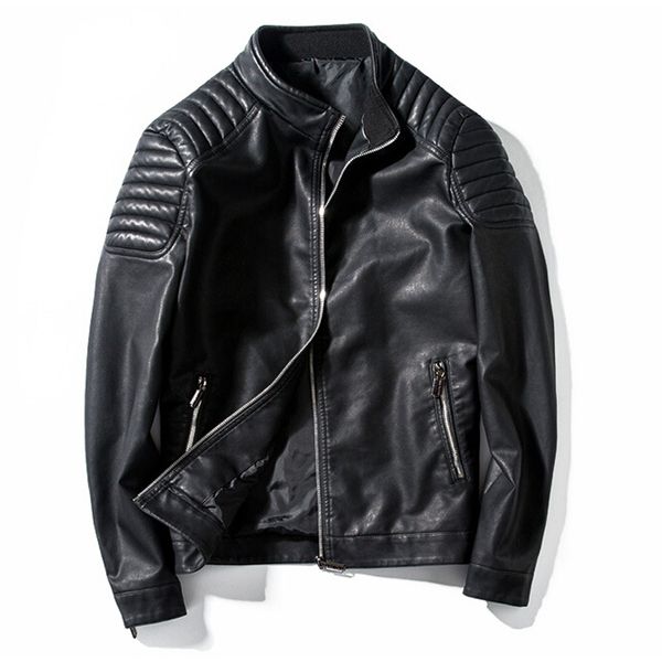 

wholesale- motorcycle jacket mens leather jacket male casual stand collar fashion bomber jacket jaqueta de couro masculino outwear coat, Black
