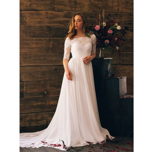 

v-back beach wedding dresses sheer neck half sleeves a-line lace chhifon boho bridal gowns vestido de novia, White