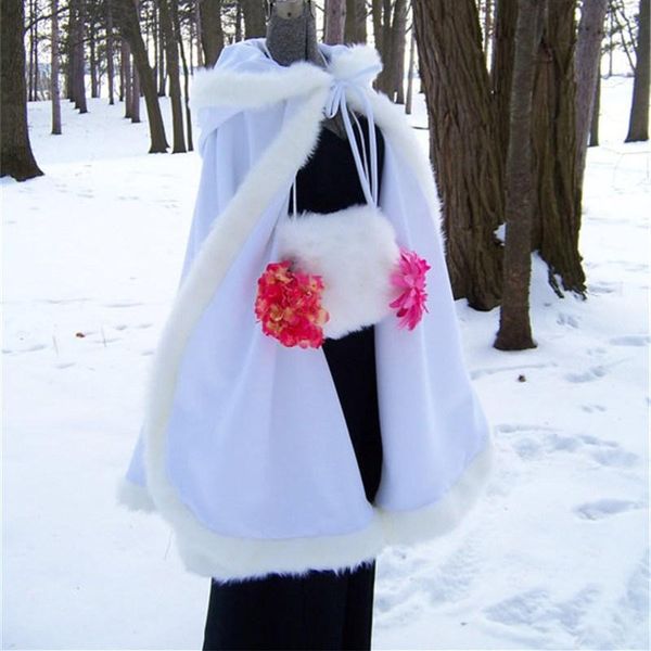 

winter warm tied bow hooded faux fur knee-length wedding wraps long bridal shrug fur shawl customized length and color, White