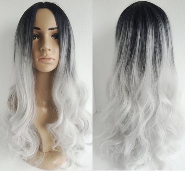 Long Curly Hair Ombre Wigs Two Tone Natural Black Silver White
