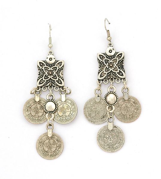 

bohemian style silver golden tribal ethnic clover flower coin dangle earrings