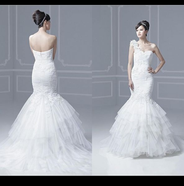 

винтаж одно плечо русалка свадебные платья 2015 тюль аппликации кружева складки простой длиной до пола весна свадебные платья свадебные плат, White