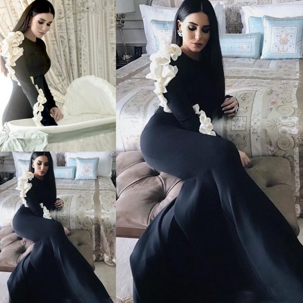 Arábia Saudita Preto Sereia Vestidos de Noite Mangas Compridas Com Babados Brancos Vestidos de Baile De Cetim Dubai Mulheres Vestido de Festa Formal Feito Sob Encomenda