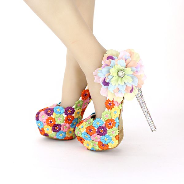Laço colorido Floral Salto Alto Bonito Vestido Formal Sapatos de Salto Fino Sapatos de Noiva de Casamento Appliqued Jantar Bombas de Baile de Formatura