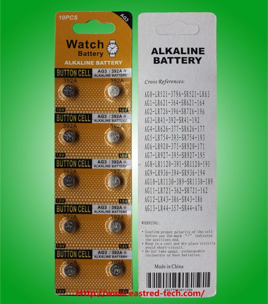 AG3 LR41 Botão alcalina Bateria 1.5V Baterias de relógio 10pcs por cartão de bolha