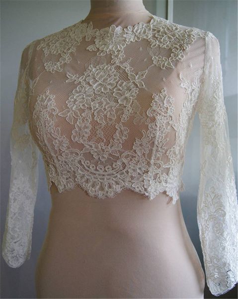 

bridal wraps modest alencon lace crystals long sleeves wedding bridal bolero wedding dresses custom made sheer lace applique, White