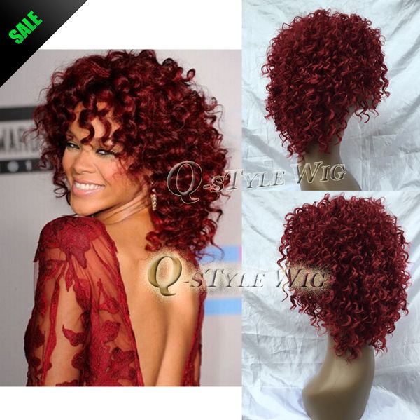 Rihanna Hairstyle Wigs Red Wine Color Pin Curl Perm Curly Wave