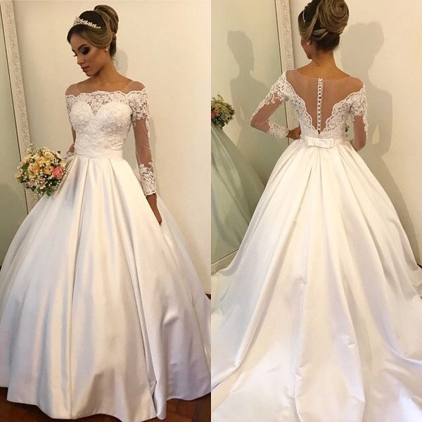 

scoop long sleeve ball gown wedding dresses illusion lace appliques with beaded satin wedding gowns sheer back bride dresses casamento, White