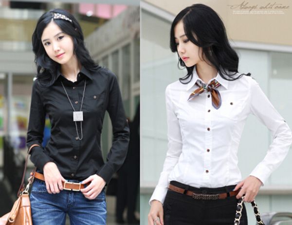 

Hotsale Solid Shirts Figure Flattering Formal Slim Waist Turn-down Long Sleeve Button Cotton Black/White Women's Shirts Plus Size