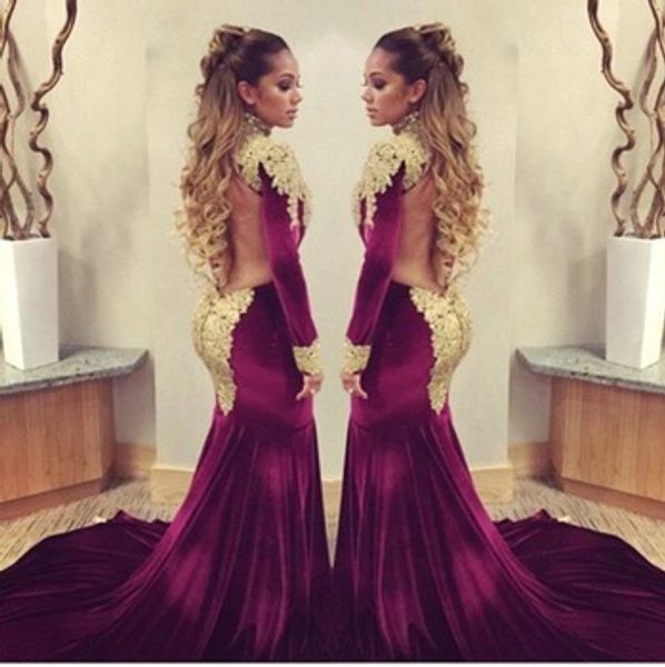 

на заказ бордовый бархат русалка великолепные вечерние платья с золотым кружевом аппликация высокая шея с длинным рукавом открытой спиной се, Black;red