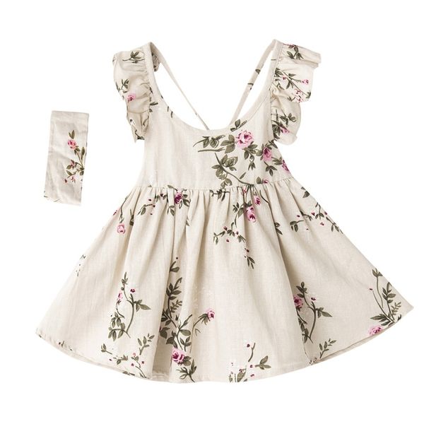 

Summer New Style Baby Girls Dress Linen Sleeveless Kids Clothing Headband set Floral Girls Boutique Clothing Backless Baby Clothes