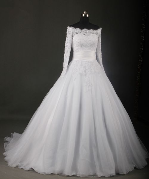 

2019 winter long sleeve white wedding dresses off shoulder beaded lace a-line sweep train bridal gowns custom made w1035