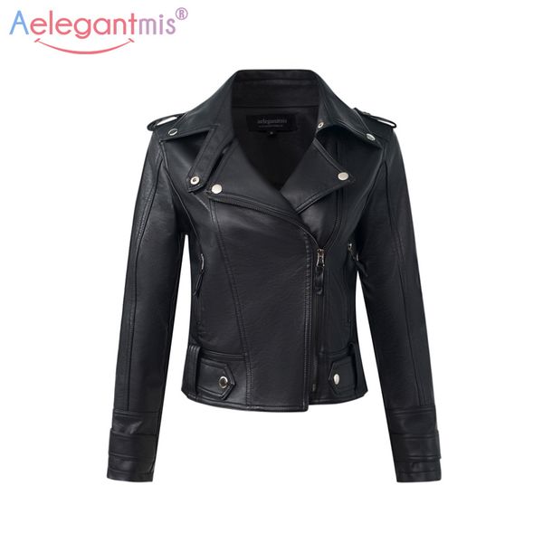 

wholesale- aelegantmis fashion pu leather jacket women slim short motorcycle jackets soft leather coat lady autumn winter basic outerwear, Black;brown