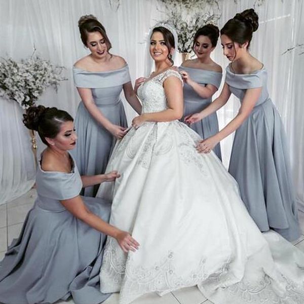 

elegant gray satin off shoulder bridesmaid dresses bateau neck ruffles ankle length wedding guest dresses bridesmaid gowns sweep train, White;pink