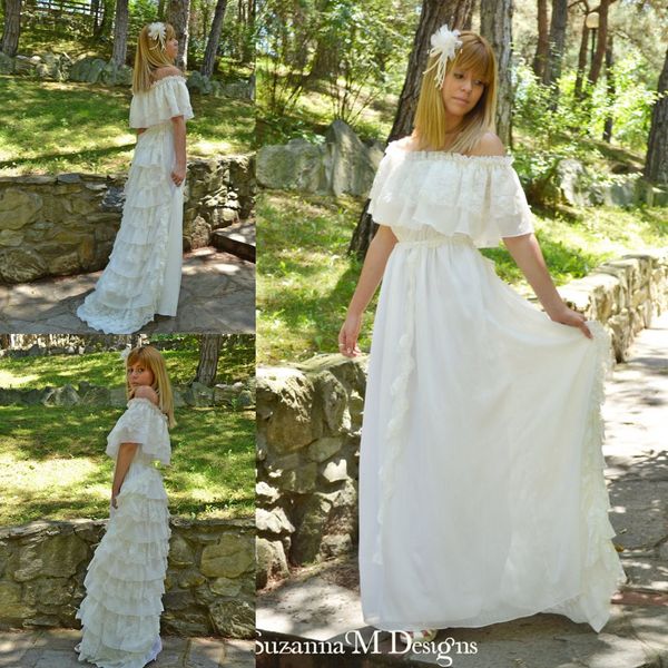 

vintage lace ivory bohemian wedding dresses off the shoulder cacading ruffle hippie wedding gowns maxi gypsy girl boho bridal dress, White