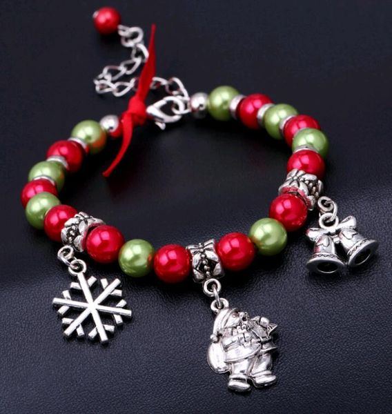 

christmas gift fashion jewellery bracelets snowflake santa claus bell imitation pearl beads charm bracelet hand chain, Golden;silver