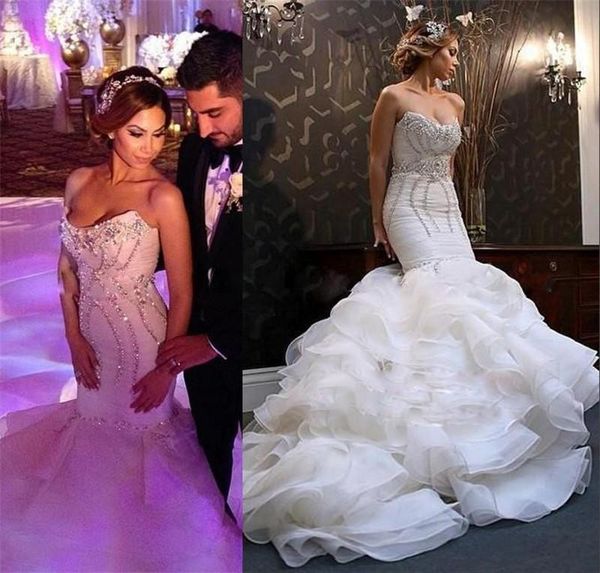 

2019 свадебные платья русалка bling crystal ruffle органза ruched роскошные свадебные платья милая кружева свадебное платье на заказ, White