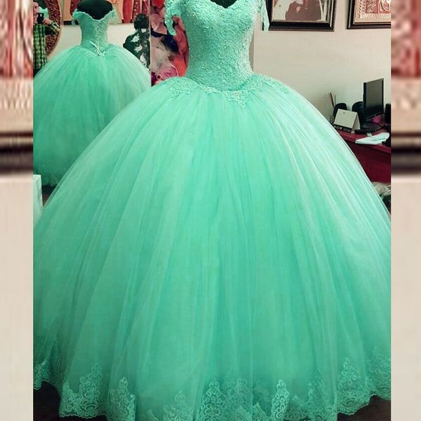 Clássico vestido de baile vestido de baile Plus Size hortelã Turquoise espartilho inchado Lace Tulle Prom Vestidos Custom Made Off ombro Quinceanera Vestido