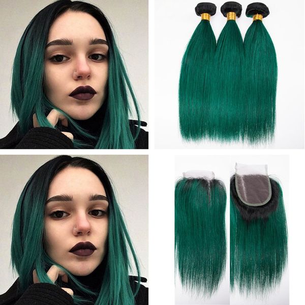 Compre Ombre Color Verde Oscuro Recto Cabello Humano 3 Paquetes Con Cierre De Cordón Dark Root 1b Extensiones De Trama De Pelo Verde Con Cierre