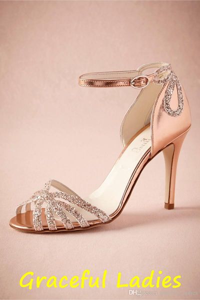 Roségold glitzernder Absatz, echte Hochzeitsschuhe, Pumps, Sandalen, goldenes Leder, Schnallenverschluss, Glitzer, Party, Tanz, hohe, gewickelte Absätze, Damen244a