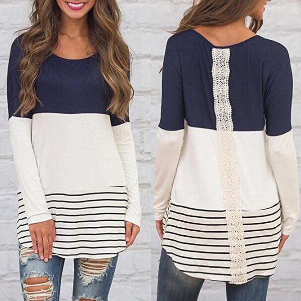 

Slim Fit Women Colors Patchwork Long Tshirts O-neck Fashion Casual Wear Clothes Bottoming Tops