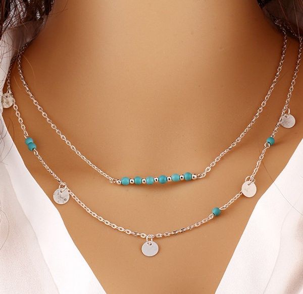 

летний стиль многослойные бирюзовый бисера монет заявление choker ожерелья женщин способа серебро золото коренастый цепи воротник ожерелье, Golden;silver