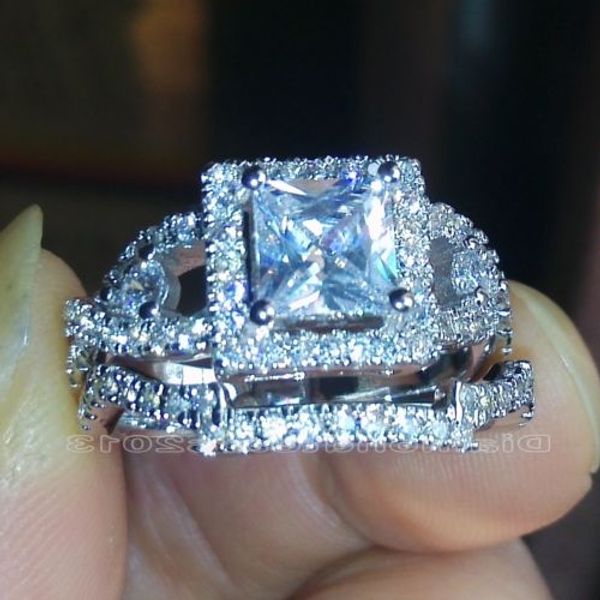 

luxury size 5-10 princess cut 925 silver filled z wedding ring set christmas gift, Golden;silver