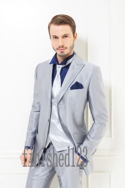 

new arrival two buttons silver groom tuxedos peak lapel groomsmen man wedding prom dinner suits (jacket+pants+vest+tie) g5021, Black;gray