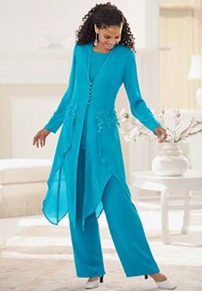 

2015 Hot Sale Elegant Chiffon With Long Sleeves 3pc Jewel Neck Ruffles Mother Of the Bride Pant Suits Mother Dress