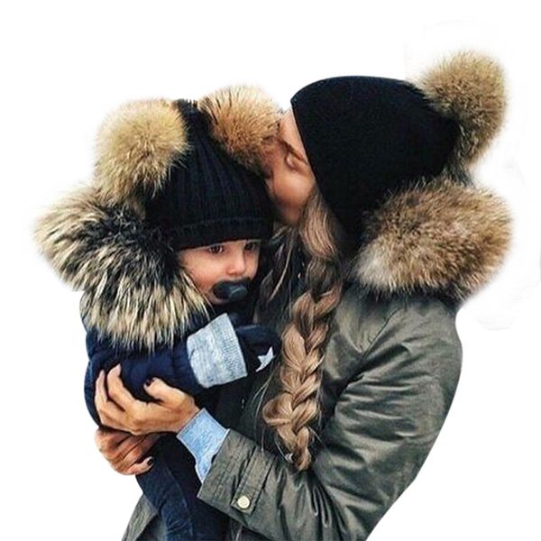 

wholesale- mother and kids 2017 winter caps fur pom poms hats for women faux fur beanies wool knitted pompom hat baby boys girls skullies, Blue;gray