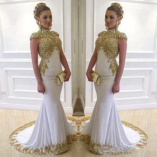 

2018 Новое золото с высокой горловиной Дубай Vestidos De Fiesta Платья для выпускного вечера Золотые кружевные аппликации из бисера Cap Рукава платья партии