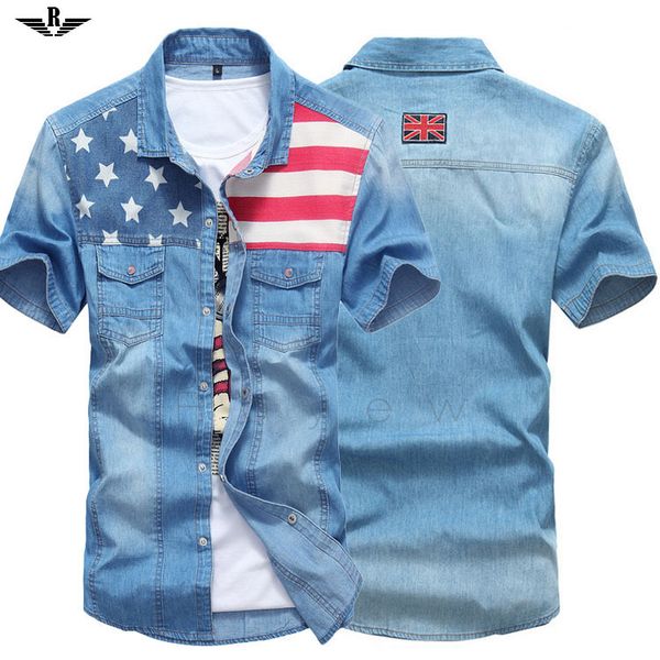 

wholesale summer style fashion men shirt striped shirt men denim shirts short-sleeved flag male casual fitness camisa masculina, White;black