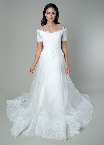 

exquisite white sheer neck wedding dresses with short sleeve vestido de novia a-line sweep train sheer lace bridal gown custom made