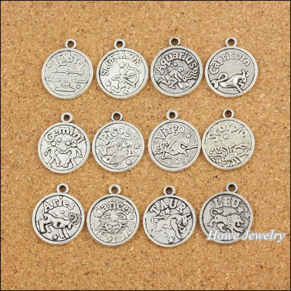 

96 pcs vintage charms zodiac pendant antique silver fit bracelets necklace diy metal jewelry making, Bronze;silver