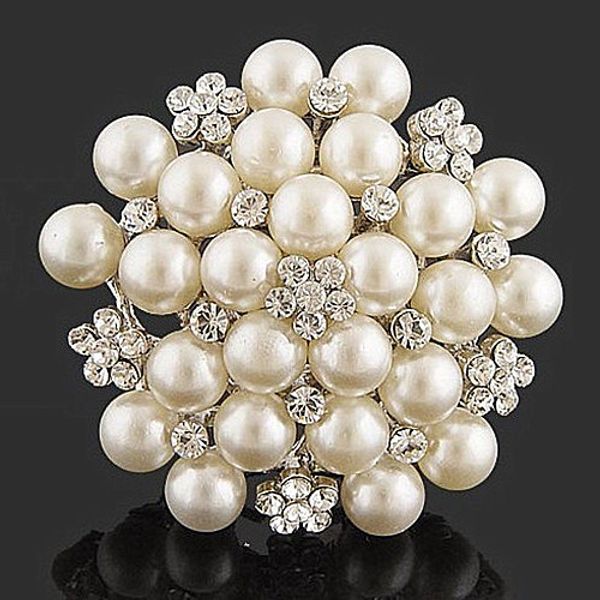 

Ivory faux pearl clu ter and clear rhine tone cry tal large bridal cor age bouquet pin brooch for wedding