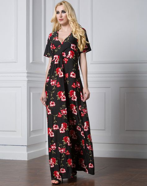 

factory price women short sleeve summer maxi dress l-7xl plus size women floral print beach wear, Black;gray