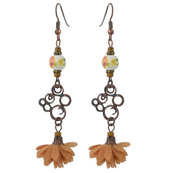 

idealway new vintage style copper alloy wood ceramics beads flower dangle earrings, Silver