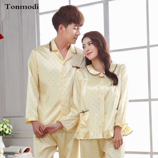 

wholesale- 2016 new luxury couples pajama set silk long sleeve sleepwear polka dot love men and women silk satin lounge pajamas, Black;red