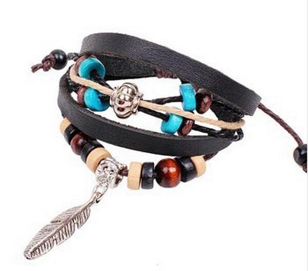 

multilayer wrap genuine leather bracelets bangles strand beads charms bracelets women bracelets gifts leaf drops black, Golden;silver