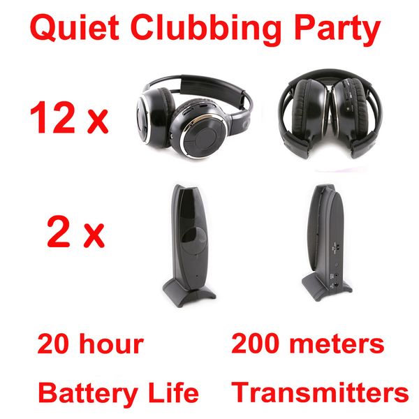 Sistema completo Silent Disco da 200 m Cuffie wireless pieghevoli nere - Pacchetto Quiet Clubbing Party con 12 cuffie pieghevoli e 2 trasmettitori