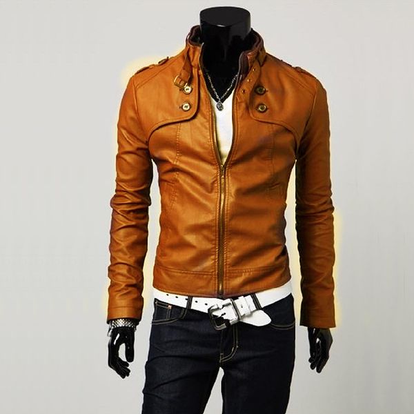 

wholesale- bomber jacket men black brown 2017 spring solid fashion fur pu faux leather waterproof fit slim motorcycle outwear coat in china