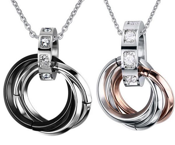 

new design sweet lovers' couple black rose gold stainless steel round ring style necklace pendant sparking crystals cz women men, Silver