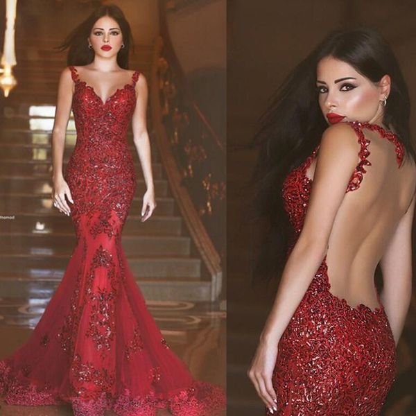 

mermaid burgund evening dresses sequined lace appliques dark red sweetheart spaghetti straps illusion backless pageant gowns custom, Black;red