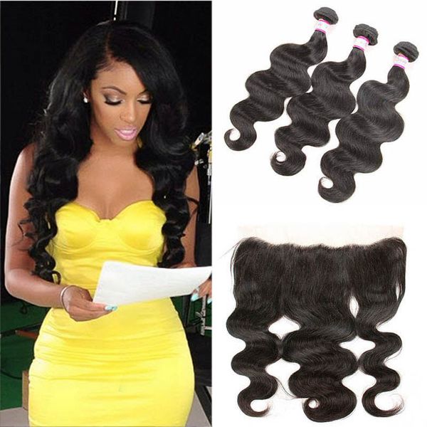 Feixes de Tecer Cabelo Brasileiro da Onda Do Corpo com 13x4 Top Fechamento Frontal Do Laço Molhado e Suave Remy Extensões de Cabelo Humano Preço de Atacado