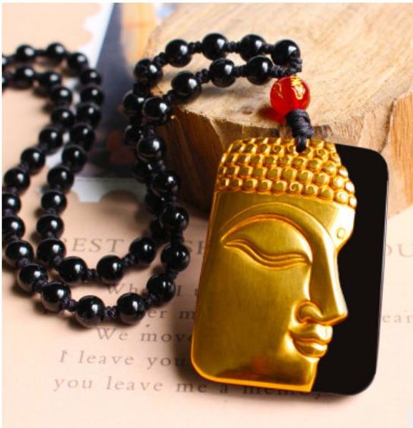 Vergoldeter Buddha-Anhänger, natürlicher Obsidian-Kristall, Schmuckhalskette, Herren-Halskette Buddha