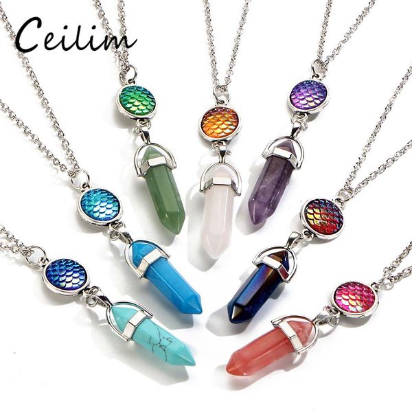

fashion natural stone pendants necklaces for women silver color mermaid scales fish scale hexagonal column choker necklace jewelry new