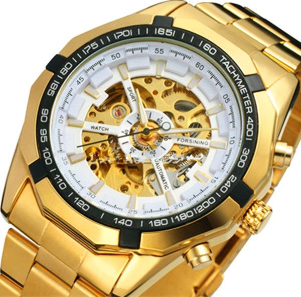 

wholesale-brand forsining mens golden full steel watch classic wristwatches steampunk skeleton mechanical stainless steel watch, Slivery;brown